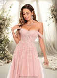 Jazlynn A-line Sweetheart Off the Shoulder Floor-Length Tulle Floral Lace Prom Dresses With Appliques Lace STKP0025870