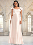 Cali A-line V-Neck Floor-Length Stretch Satin Bridesmaid Dress With Bow STKP0025759