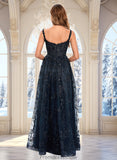 Ellen A-line Square Floor-Length Organza Lace Floral Prom Dresses With Sequins STKP0025844