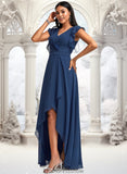 Maisie A-line V-Neck Asymmetrical Chiffon Bridesmaid Dress With Ruffle STKP0025733