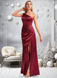 Una A-line One Shoulder Floor-Length Stretch Satin Bridesmaid Dress With Bow STKP0025758