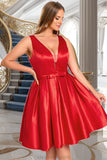 Neveah A-line V-Neck Short/Mini Satin Homecoming Dress With Bow STKP0020583