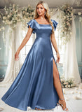 Mildred A-line Square Floor-Length Stretch Satin Bridesmaid Dress With Ruffle STKP0025769