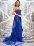 Valentina Trumpet/Mermaid Straight Sweep Train Tulle Sequin Prom Dresses With Sequins Appliques Lace STKP0025857