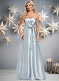 Yaritza A-line V-Neck Floor-Length Stretch Satin Bridesmaid Dress STKP0025795