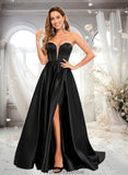 Adeline A-line V-Neck Sweep Train Satin Prom Dresses STKP0025842