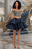 Ruby A-line Off the Shoulder Short/Mini Satin Homecoming Dress STKP0020562