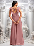 Rayna A-line V-Neck Floor-Length Chiffon Bridesmaid Dress With Ruffle STKP0025751