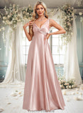 Jaidyn A-line V-Neck Floor-Length Stretch Satin Bridesmaid Dress STKP0025779