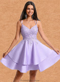 Grace A-line V-Neck Short Satin Homecoming Dress With Appliques Lace STKP0025692