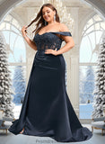 Adalyn Trumpet/Mermaid Off the Shoulder Sweep Train Satin Prom Dresses With Sequins Appliques Lace STKP0025835