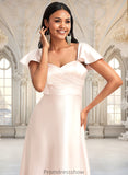 Cali A-line V-Neck Floor-Length Stretch Satin Bridesmaid Dress With Bow STKP0025759