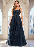 Ellen A-line Square Floor-Length Organza Lace Floral Prom Dresses With Sequins STKP0025844