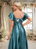 Jacquelyn A-line V-Neck Floor-Length Stretch Satin Bridesmaid Dress With Ruffle STKP0025780