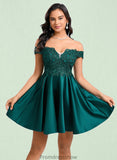 Aspen A-line Off the Shoulder Short Lace Satin Homecoming Dress With Rhinestone STKP0025718