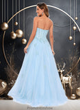 Monica Ball-Gown/Princess Straight Sweep Train Tulle Prom Dresses With Sequins Appliques Lace STKP0025864