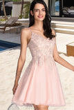 Salma A-line V-Neck Short/Mini Tulle Homecoming Dress With Beading STKP0020538