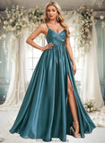 Haleigh A-line V-Neck Floor-Length Stretch Satin Bridesmaid Dress STKP0025786