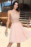 Leia A-line Halter Knee-Length Chiffon Homecoming Dress With Beading STKP0020541