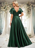 Tia A-line V-Neck Floor-Length Stretch Satin Bridesmaid Dress STKP0025782