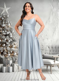 Cassie A-line V-Neck Tea-Length Satin Bridesmaid Dress STKP0025794