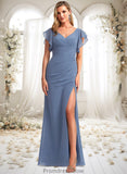 Rowan A-line V-Neck Floor-Length Chiffon Bridesmaid Dress With Ruffle STKP0025729