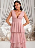 Khloe A-line V-Neck Floor-Length Chiffon Bridesmaid Dress STKP0025749