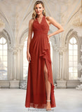 Itzel A-line V-Neck Floor-Length Chiffon Bridesmaid Dress With Ruffle STKP0025754