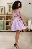 Ellie A-line Off the Shoulder Short/Mini Satin Homecoming Dress With Bow STKP0020568