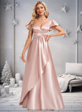 Eleanor A-line V-Neck Floor-Length Stretch Satin Bridesmaid Dress With Ruffle STKP0025787