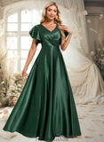 Danna A-line V-Neck Floor-Length Stretch Satin Bridesmaid Dress With Ruffle STKP0025773