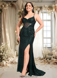 Giselle Trumpet/Mermaid V-Neck Sweep Train Sequin Prom Dresses With Sequins STKP0025839