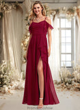 Jo A-line Cold Shoulder Floor-Length Chiffon Bridesmaid Dress With Ruffle STKP0025755