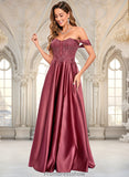 Haleigh A-line Off the Shoulder Floor-Length Satin Lace Prom Dresses With Sequins STKP0025841