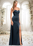 Desiree A-line V-Neck Floor-Length Stretch Satin Bridesmaid Dress STKP0025734