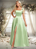 Mckinley A-line Square Floor-Length Satin Bridesmaid Dress With Bow STKP0025778