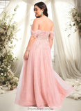 Jazlynn A-line Sweetheart Off the Shoulder Floor-Length Tulle Floral Lace Prom Dresses With Appliques Lace STKP0025870