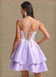 Sierra A-line V-Neck Short Satin Homecoming Dress With Appliques Lace STKP0025696