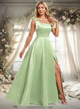 Mckinley A-line Square Floor-Length Satin Bridesmaid Dress With Bow STKP0025778