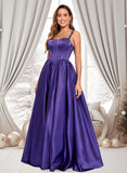 Marian Ball-Gown/Princess Scoop Floor-Length Satin Prom Dresses With Appliques Lace Beading STKP0025865