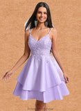 Grace A-line V-Neck Short Satin Homecoming Dress With Appliques Lace STKP0025692