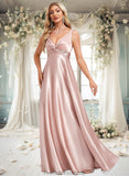 Jaidyn A-line V-Neck Floor-Length Stretch Satin Bridesmaid Dress STKP0025779