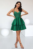 Mckenzie A-line V-Neck Short/Mini Lace Satin Homecoming Dress With Sequins STKP0020499