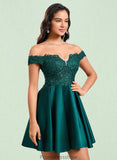 Aspen A-line Off the Shoulder Short Lace Satin Homecoming Dress With Rhinestone STKP0025718