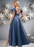 Marisa A-line Square Floor-Length Satin Bridesmaid Dress With Ruffle STKP0025774