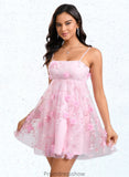 Gladys A-line Straight Mini Lace Homecoming Dress With Bow Flower STKP0025670