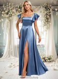 Mildred A-line Square Floor-Length Stretch Satin Bridesmaid Dress With Ruffle STKP0025769