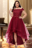 Ryleigh A-line Off the Shoulder Asymmetrical Lace Tulle Homecoming Dress With Beading Bow Sequins STKP0020535