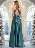 Kassandra A-line Halter Floor-Length Stretch Satin Bridesmaid Dress STKP0025731