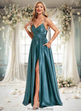 Haleigh A-line V-Neck Floor-Length Stretch Satin Bridesmaid Dress STKP0025786